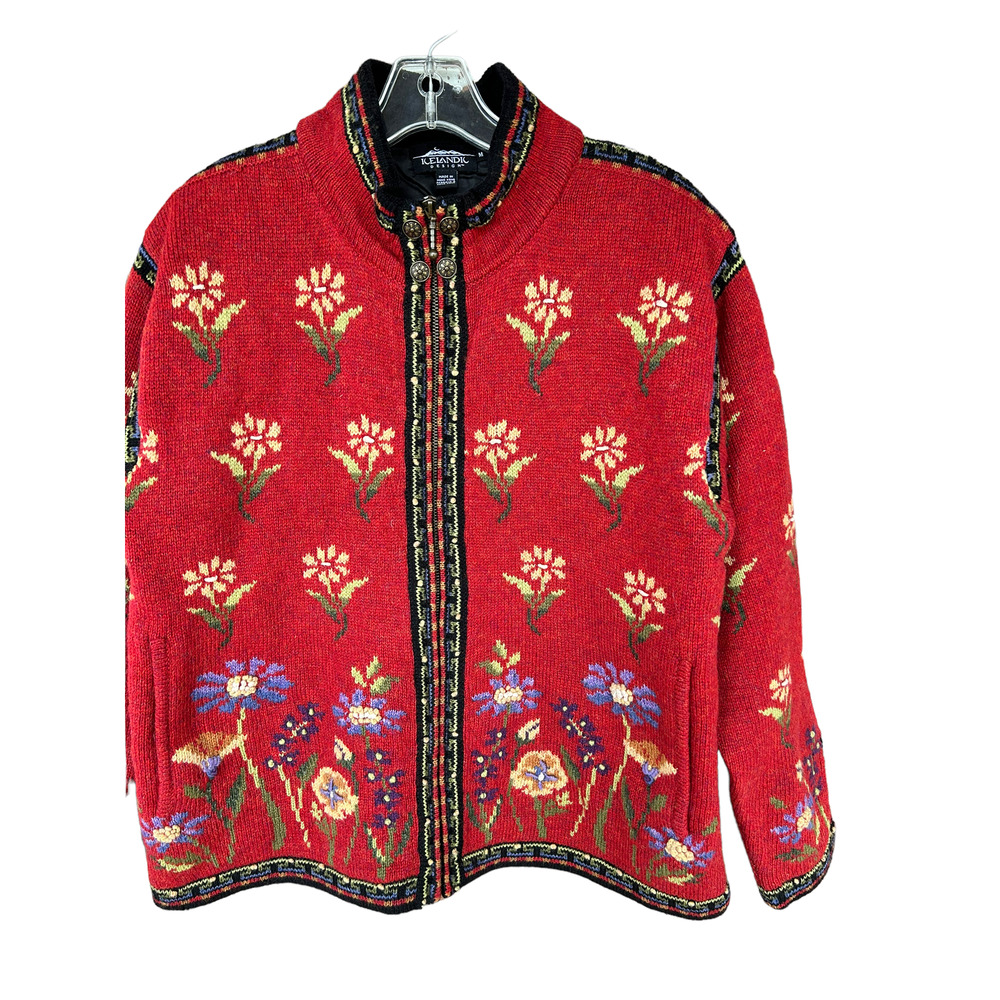 Icelandic Designs Wool Floral Zip-Front Cardigan Sweater - Red - Picture 5 of 9